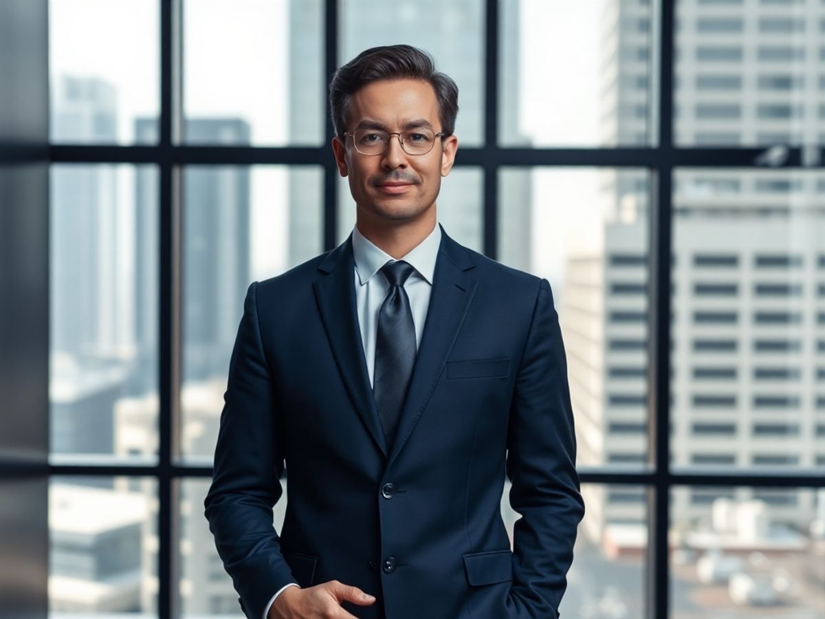 Avocat în birou modern, cu cărți de drept în fundal.