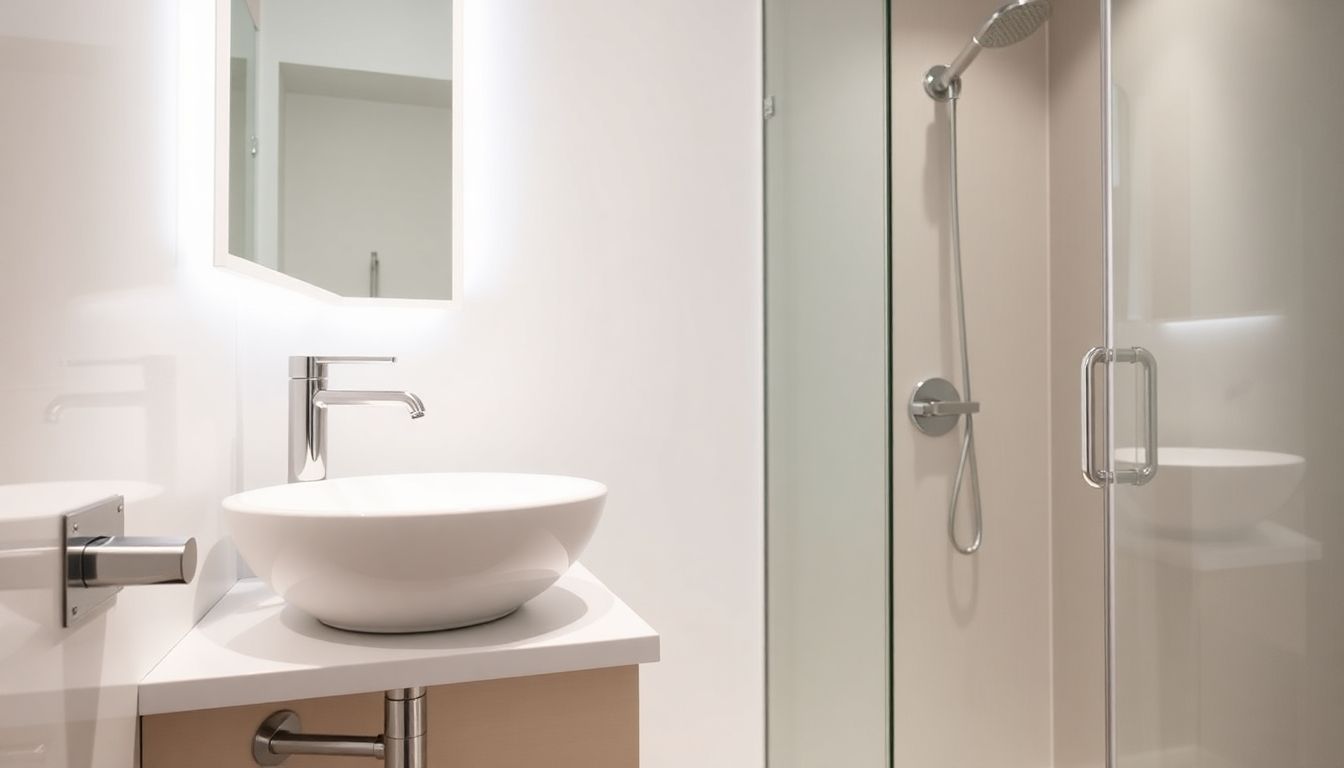 Modern bathroom with sleek fixtures and bright lighting.