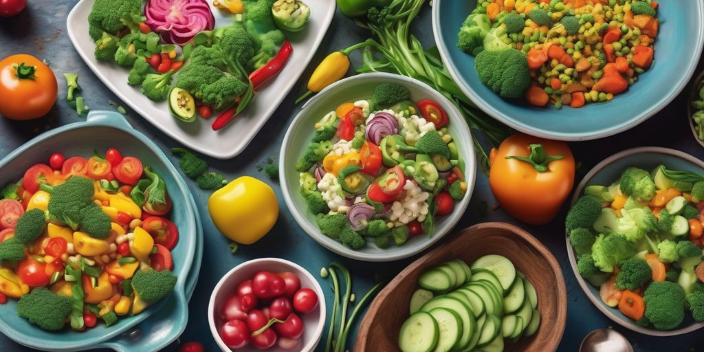 healthy vegetarian dishes on a table, weight loss, diet plan, fresh vegetables, colorful meals