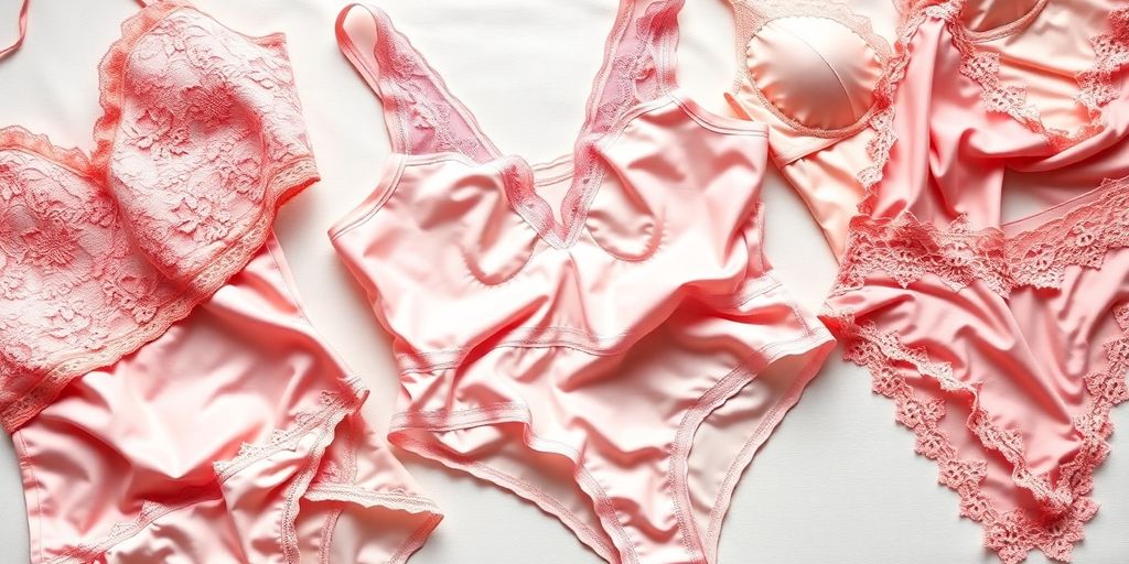 Soft pink lace lingerie, silk, satin textures.