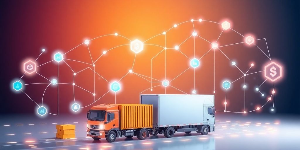 Interconnected supply chain with digital nodes and crates.