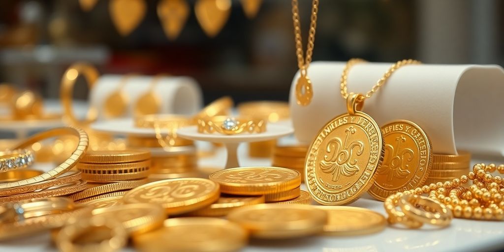 Pièces d'or et bijoux brillants en exposition.
