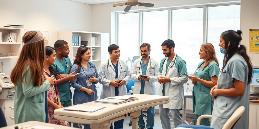 Diverse healthcare professionals collaborating in a modern office.