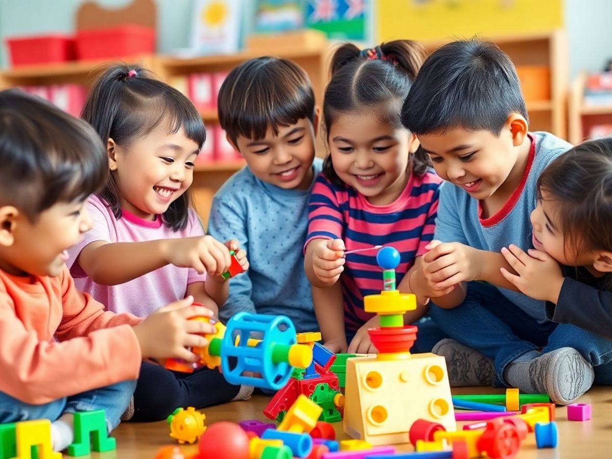 Copii jucându-se împreună cu jucării educaționale colorate.