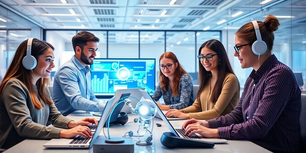Diverse professionals collaborating in a futuristic office setting.