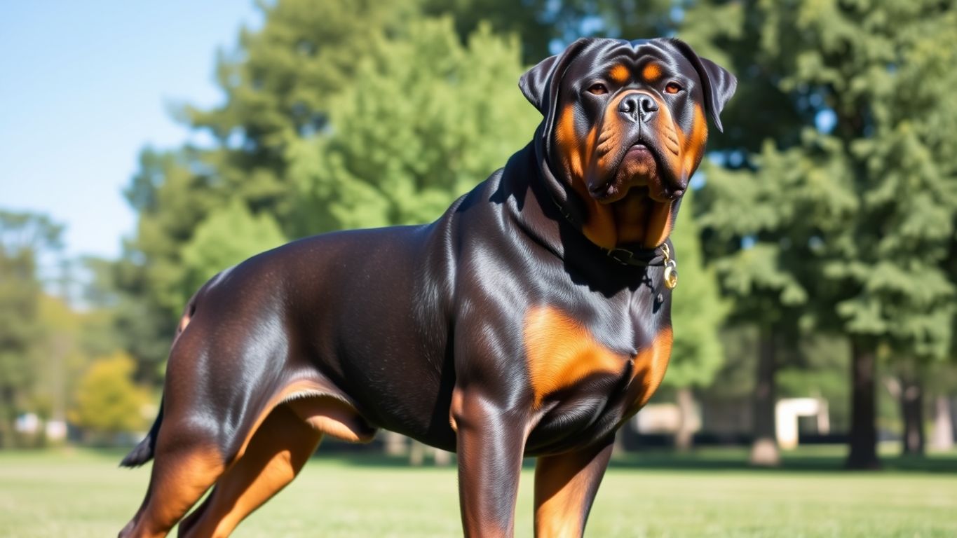 Confident Rottweiler in a green park under blue sky.