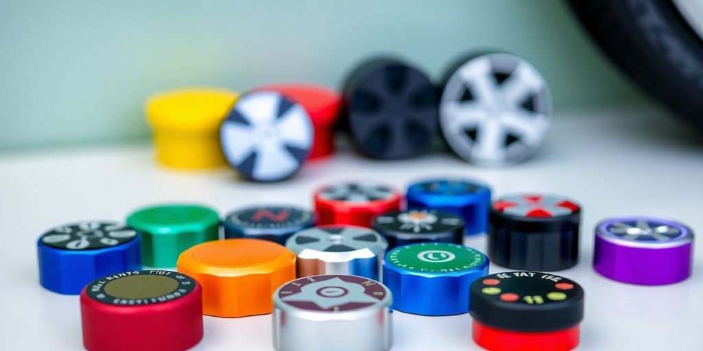 Different styles of tire caps for cars.