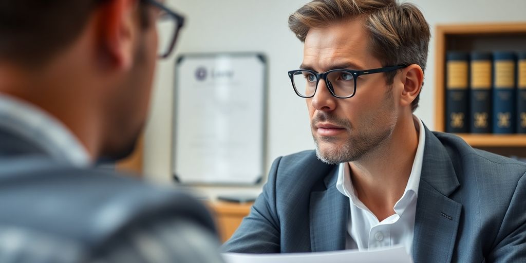 Lawyer consulting with a client in an office setting.