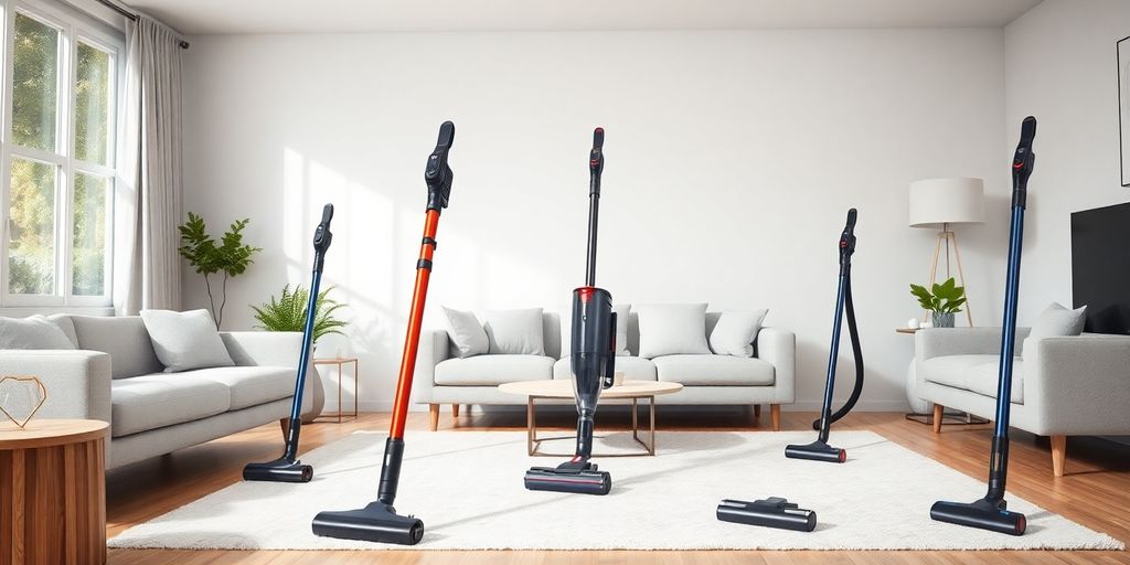 Moderne Akku-Staubsauger in einem stilvollen Wohnzimmer.