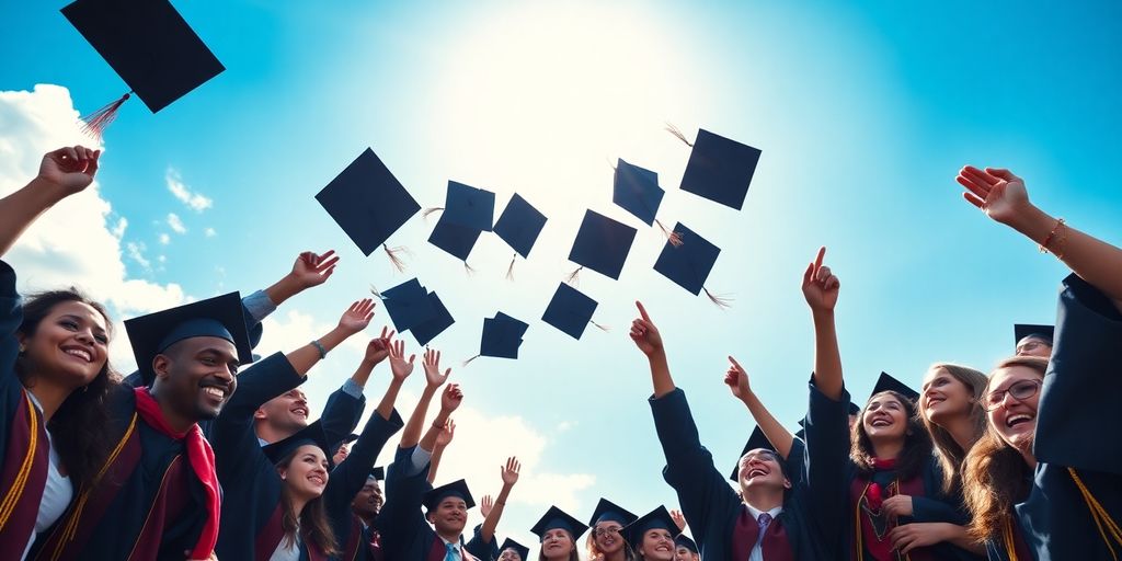 Students celebrating graduation with caps and gowns.