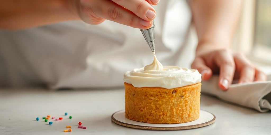 Baker decorating a cake with frosting