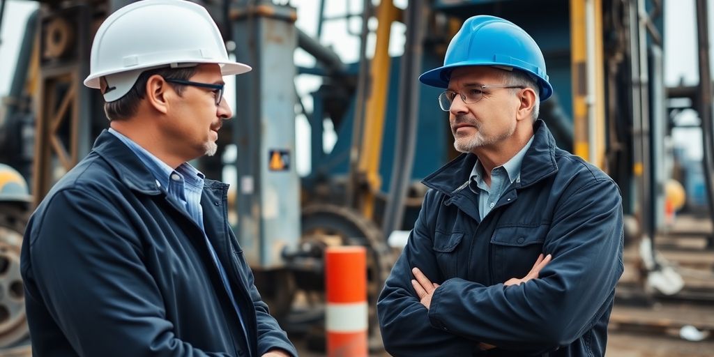 An oilfield lawer speaking to a hatted worker.