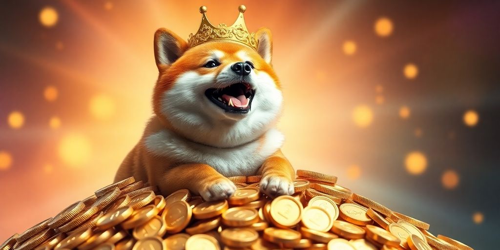 Shiba Inu dog wearing a crown atop a pile of gold.