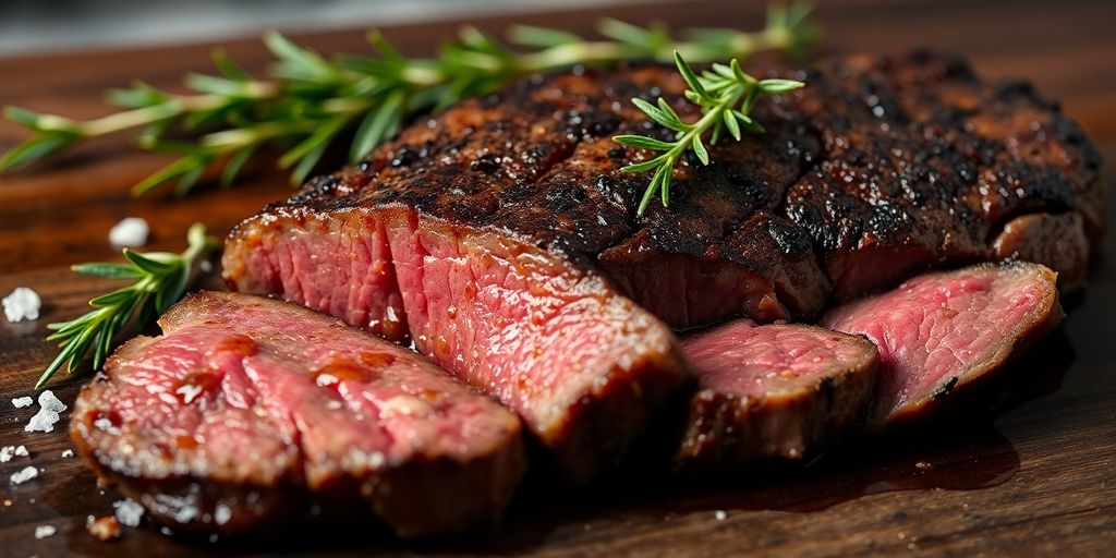 Perfectly cooked grass-fed beef sirloin, resting on a wooden board.