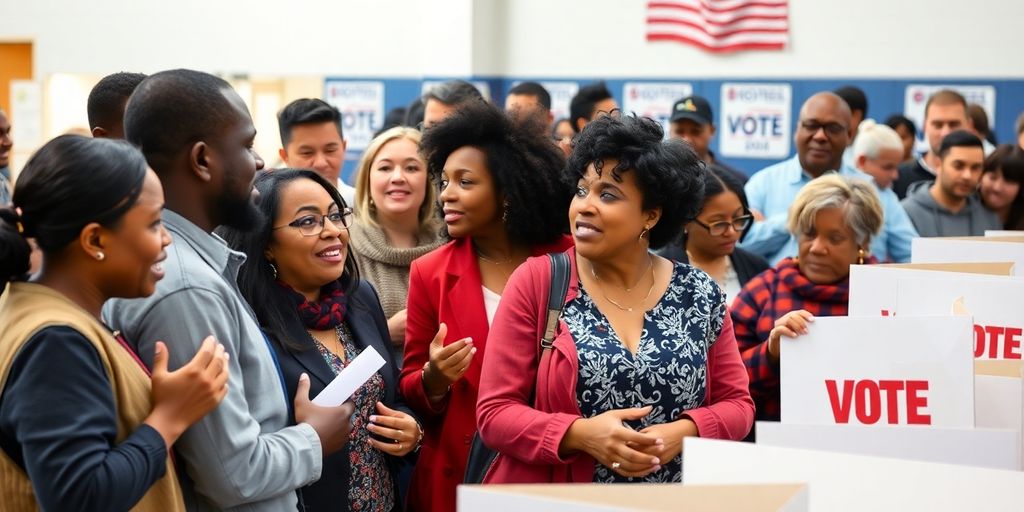 Diverse voters discussing at a polling station.