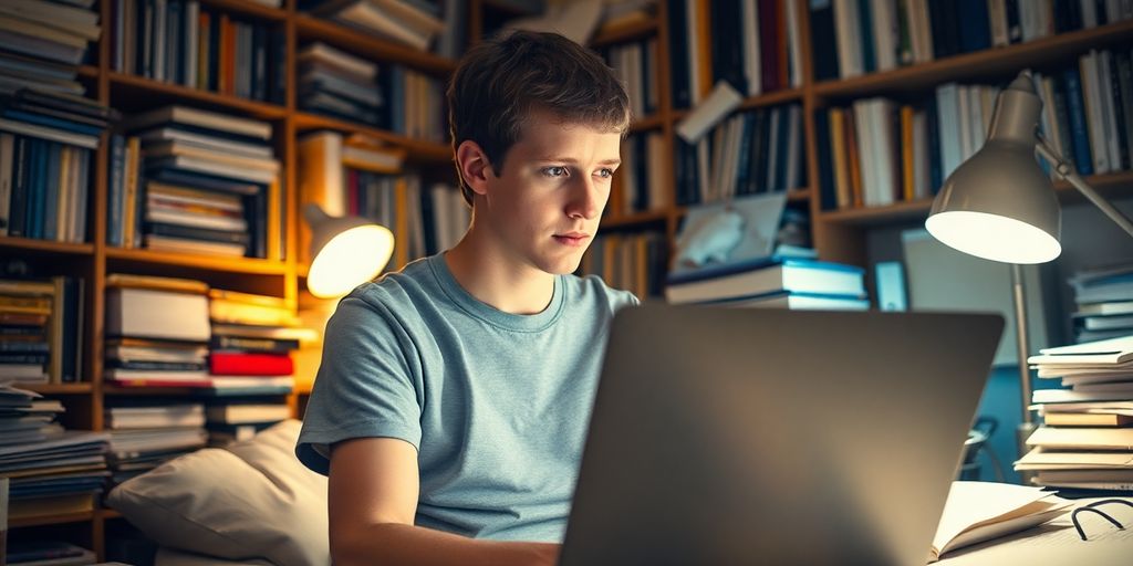 Mark Zuckerberg coding on a laptop in a dorm room.