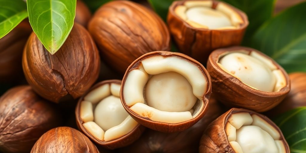 Castanhas do pará em destaque entre folhas verdes.