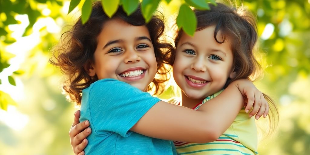 Two children sharing a hug, smiling warmly.