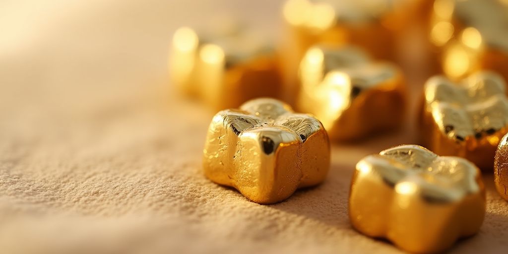 Échantillons d'or dentaire sur un fond doux.