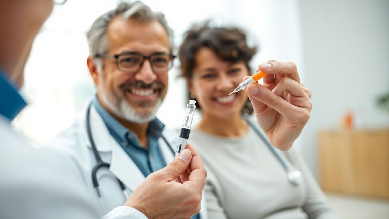 Médico aplica caneta de insulina em paciente diabético sorridente.