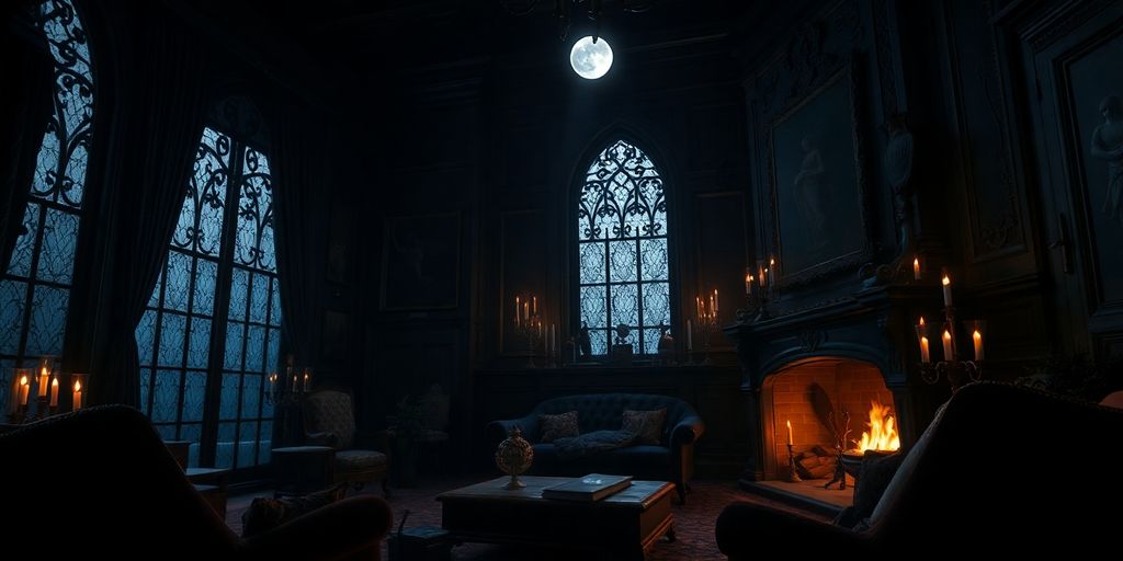 Ornate Gothic living room dark, dramatic, and luxurious.