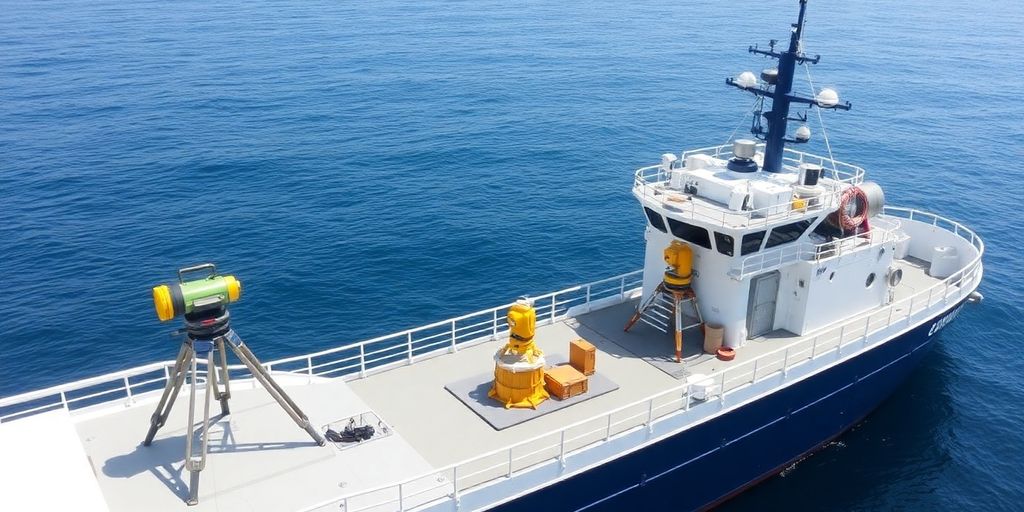 Ship with surveying equipment in tranquil waters.