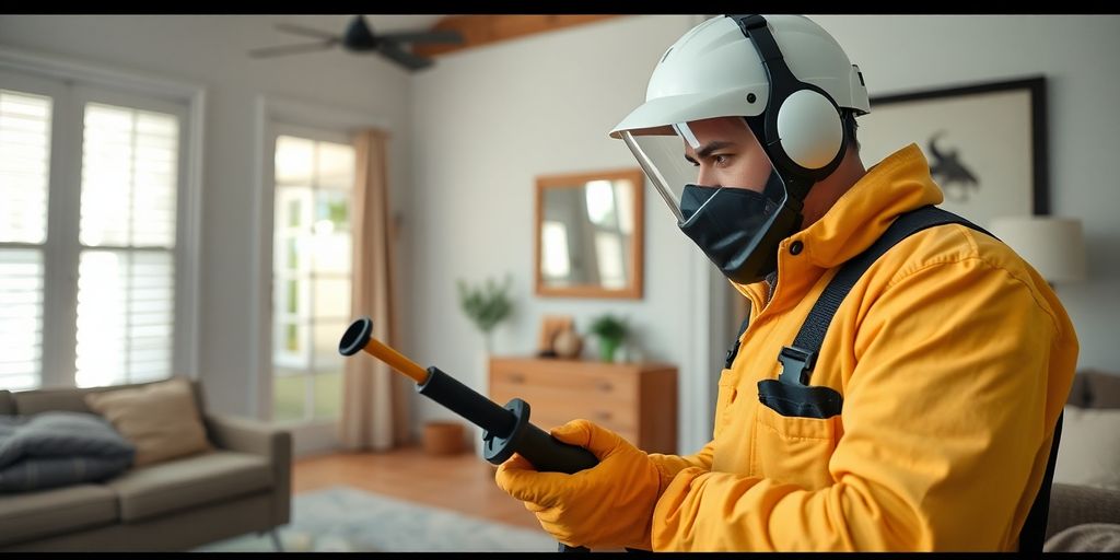 Tehnician de dezinsecție inspectând o locuință pentru plosnițe.