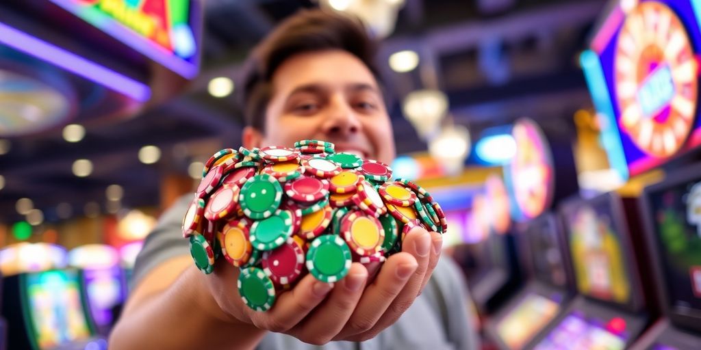 Winner celebrating with casino chips.