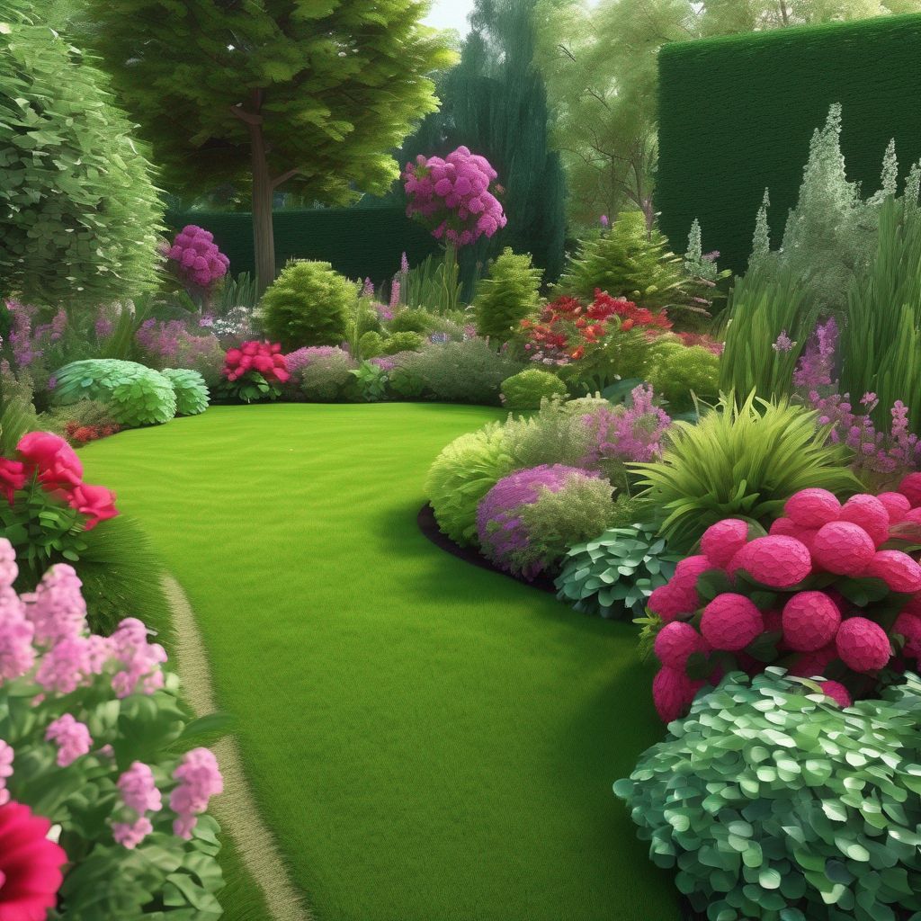 healthy lush garden with vibrant flowers and green lawn
