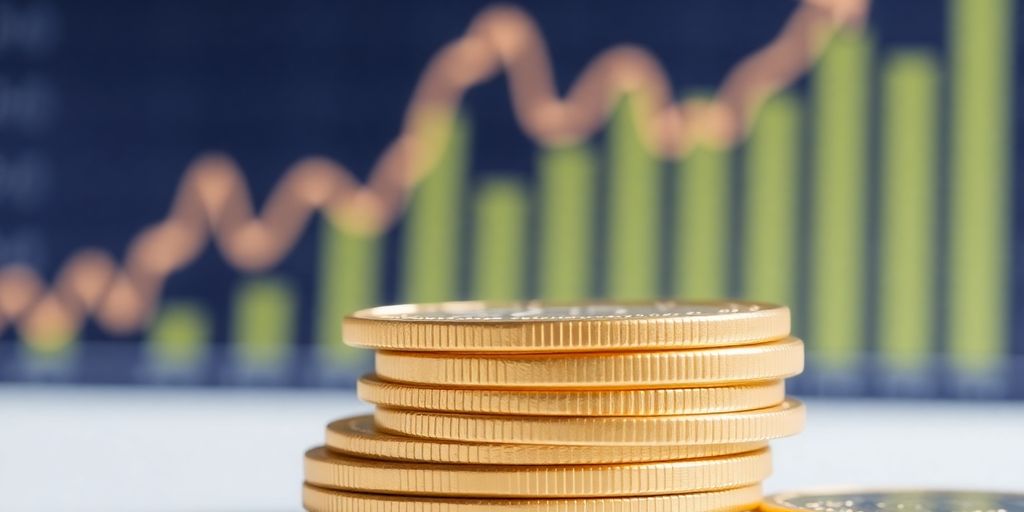 Pièces d'or empilées, graphique financier ascendant en arrière-plan