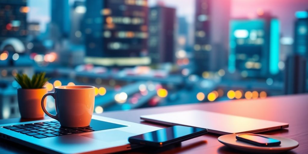 Digital workspace with laptop, smartphone, and coffee cup.