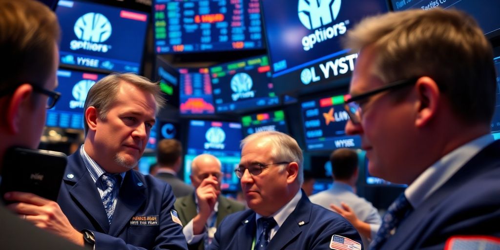 Traders discussing options on a busy trading floor.