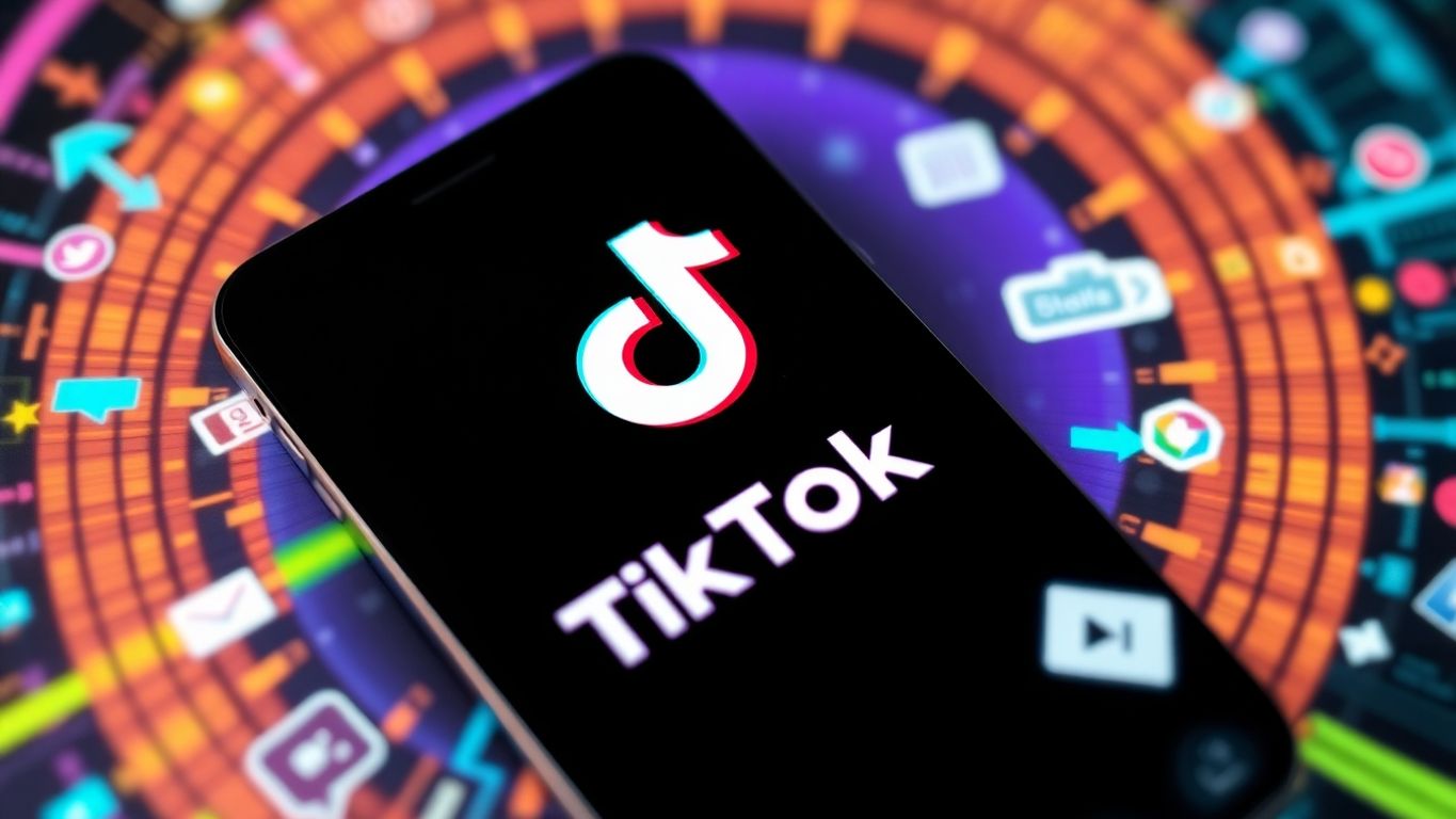 Smartphone with TikTok logo and colorful digital graphics.