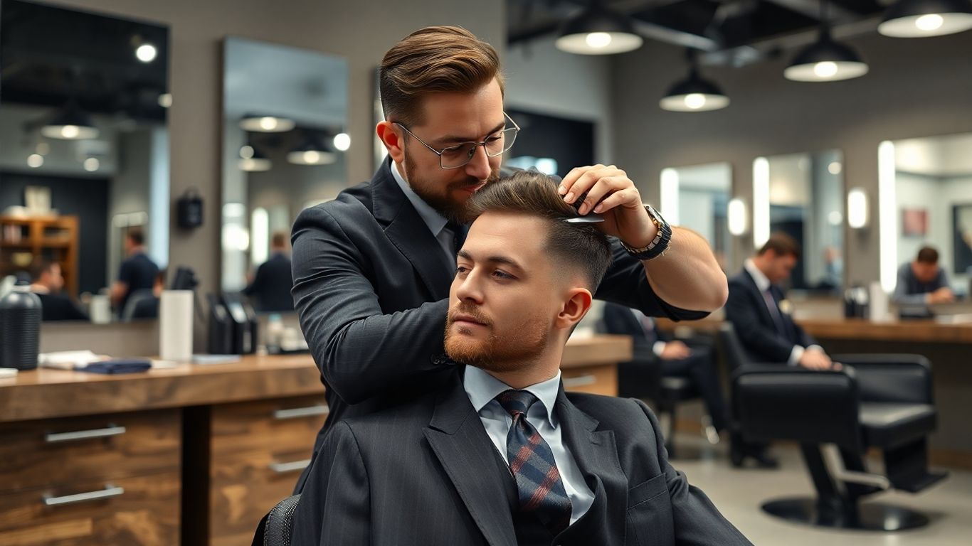 Busy professional getting stylish haircut in modern downtown barbershop.