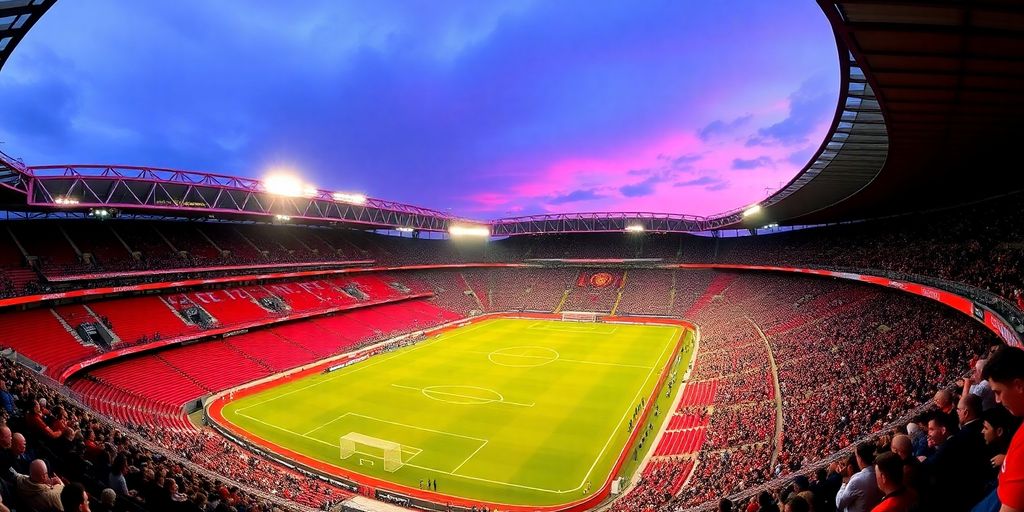 A panoramic view of Old Trafford stadium with fans.