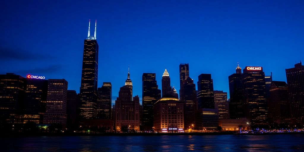 Chicago skyline at dusk.