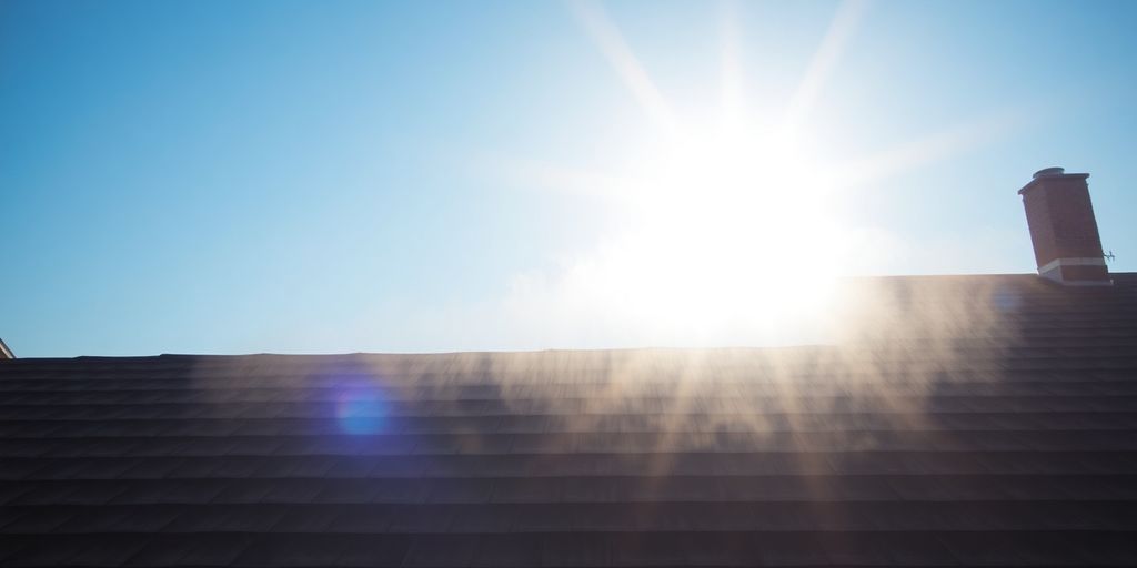 Sun-baked roof shingles with heat haze rising.