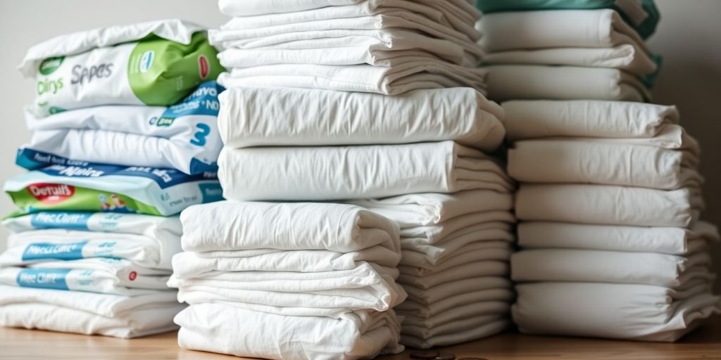 Assorted adult diapers in various sizes.