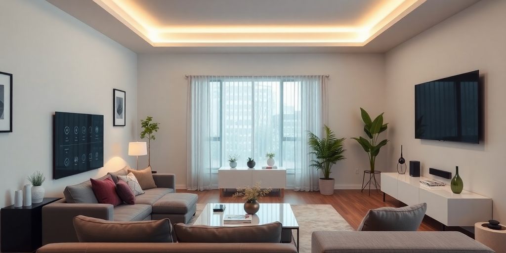 Modern living room with smart home devices and decor.