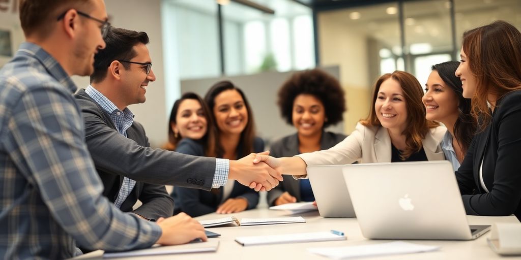 Professionnel formateur guidant équipe diversifiée dans salle lumineuse de réunion.