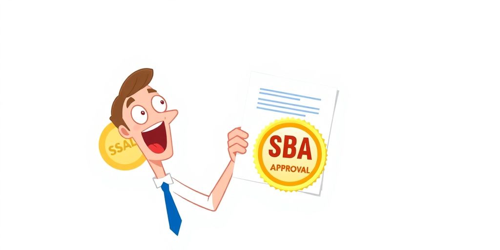 Cartoon illustration of business documents and a loan approval stamp.