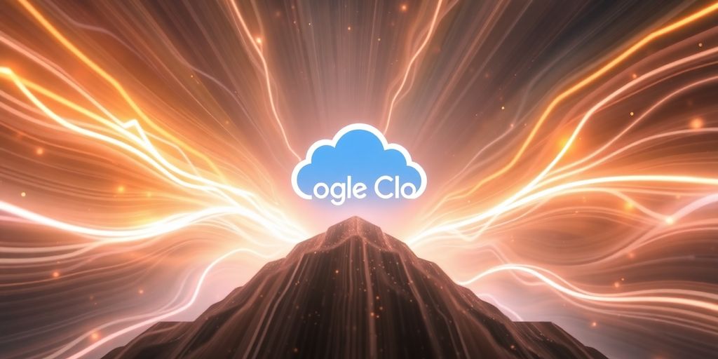 Google Cloud logo rising above abstract digital network.