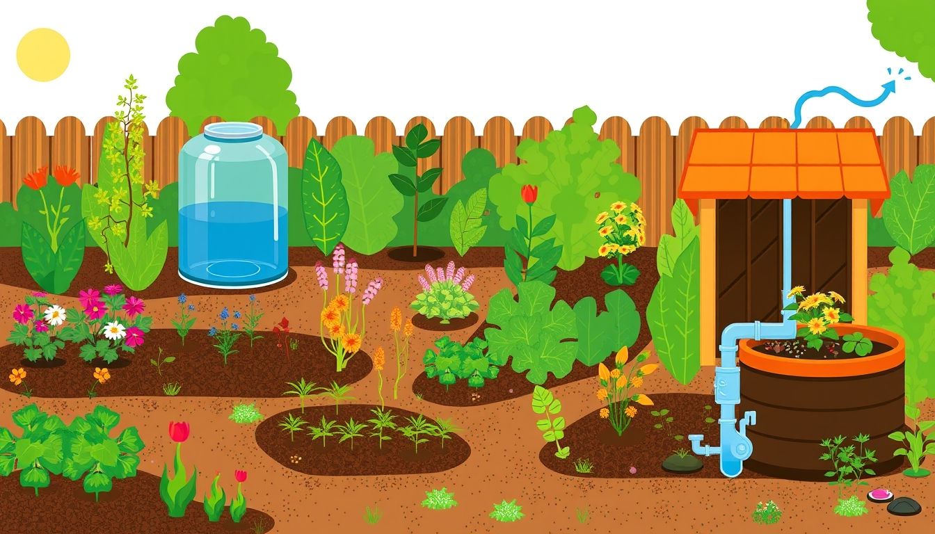 Illustrative vibrant garden with sustainable features