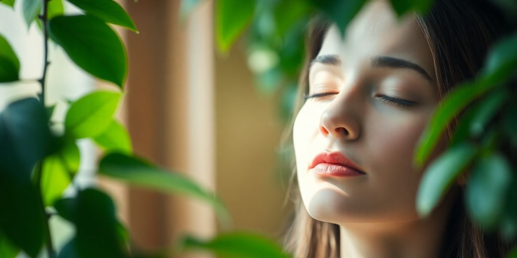 Rustige vrouw ademt diep in een serene natuurlijke omgeving.
