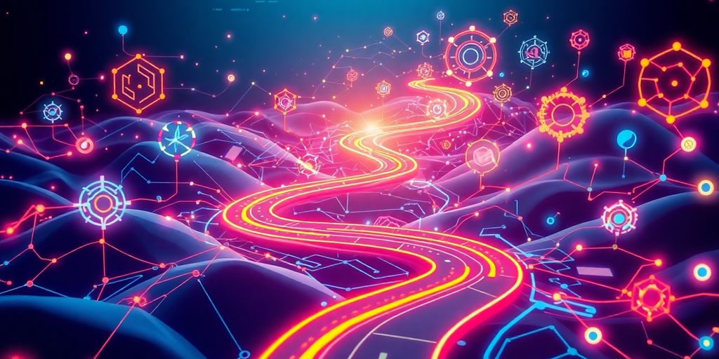 A roadmap with technology elements illustrating machine learning journey.