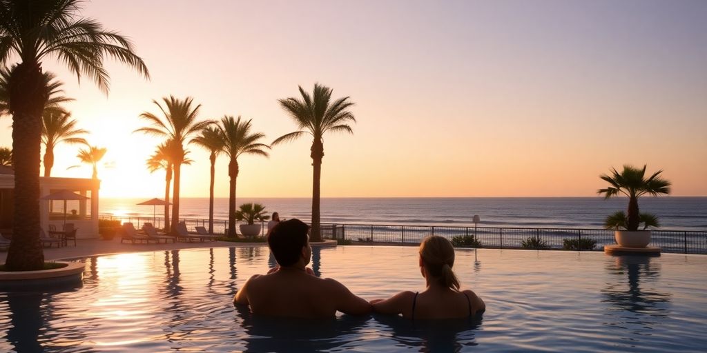 Couple enjoying a romantic sunset by a resort pool in Los Cabos.