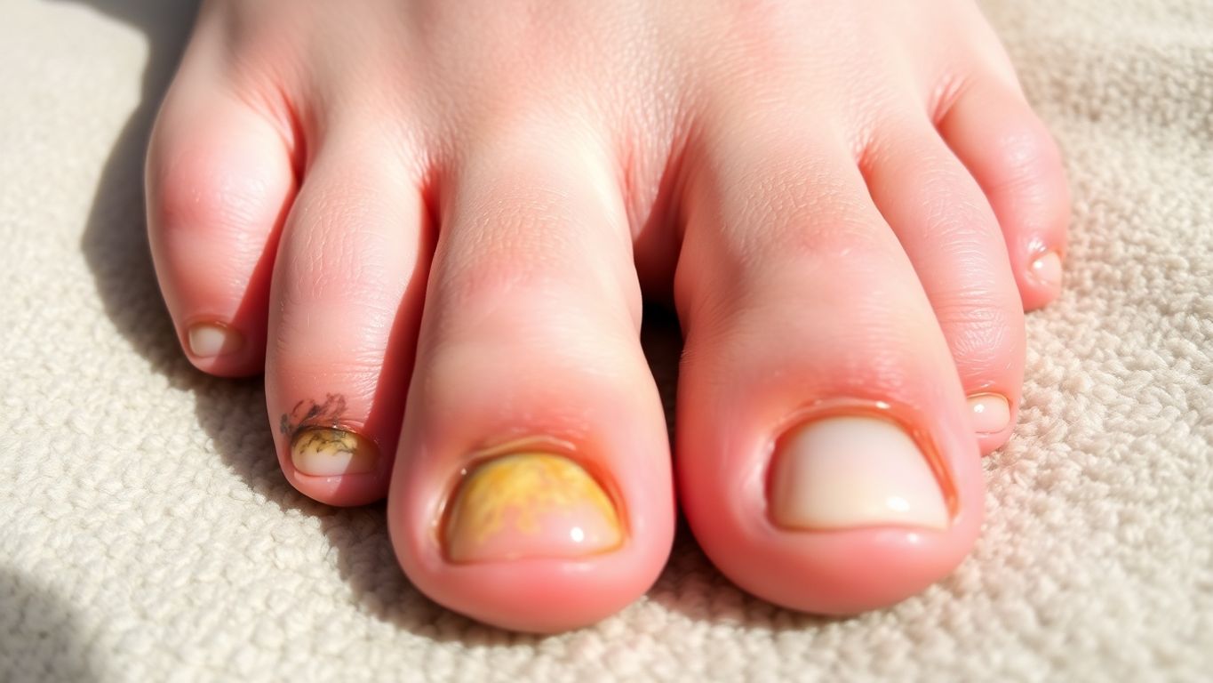 Close-up of toenail fungus on a foot.