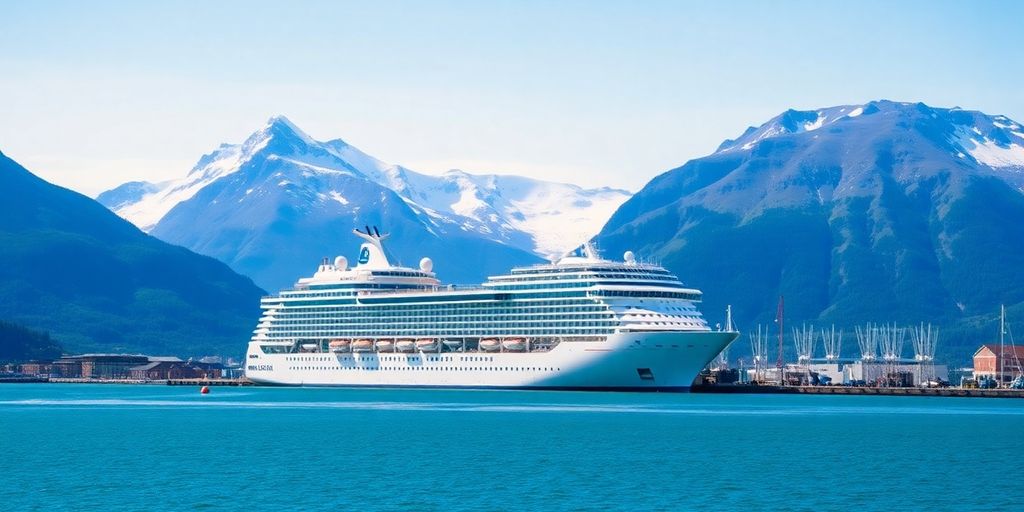Cruise ship docked at Juneau, Alaska, mountains