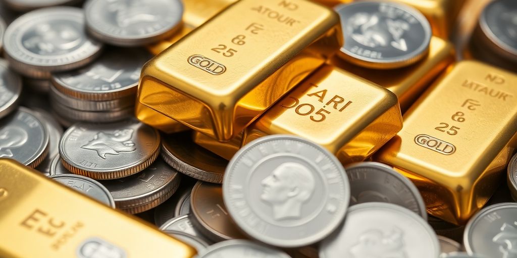 Lingots d'or et d'argent empilés avec des pièces d'argent.