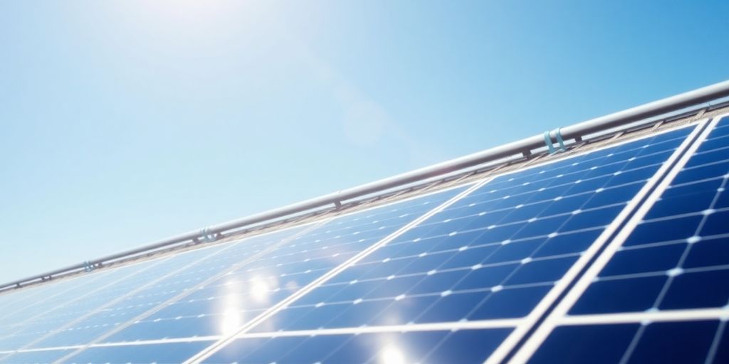 Photograph of solar panels on a rooftop under blue sky.